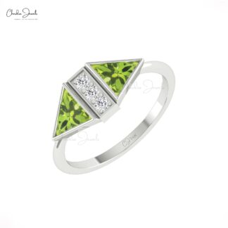 Gemstone Bezel Set Ring In Solid 4k Gold Peridot 0.5 Ct Trillion And Diamond Bridal Rings