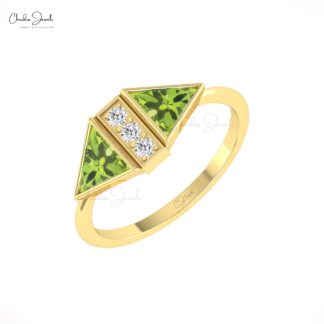 Gemstone Bezel Set Ring In Solid 4k Gold Peridot 0.5 Ct Trillion And Diamond Bridal Rings