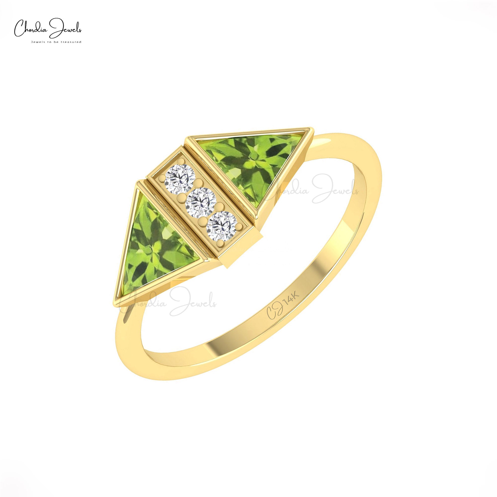 Gemstone Bezel Set Ring In Solid 4k Gold Peridot 0.5 Ct Trillion And Diamond Bridal Rings
