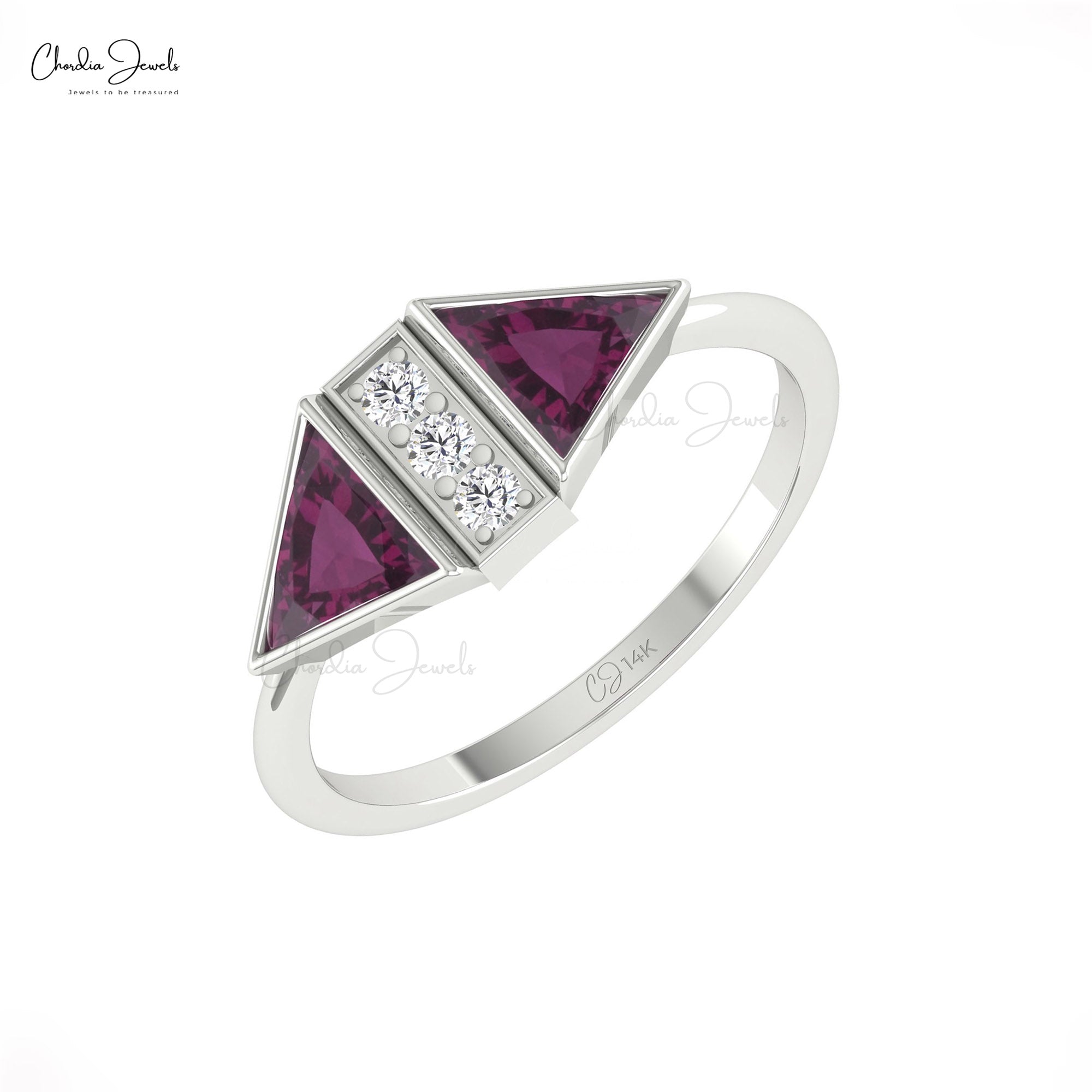 Bezel Set Trillion Cut Ring With 6mm Rhodolite Garnet And Diamond 14k Pure Gold Rings