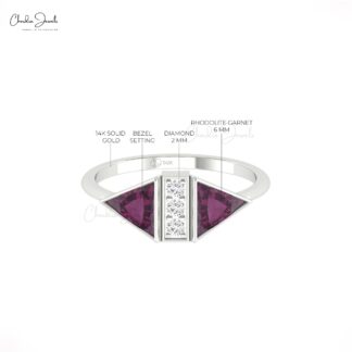 Bezel Set Trillion Cut Ring With 6mm Rhodolite Garnet And Diamond 14k Pure Gold Rings