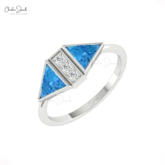 Triangle Bezel Set Ring With 0.5 Ct Swiss Blue Topaz And Diamond 14k Solid Gold Rings