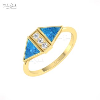 Triangle Bezel Set Ring With 0.5 Ct Swiss Blue Topaz And Diamond 14k Solid Gold Rings