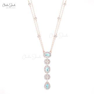 Natural Aquamarine Lariat Necklace With Halo Diamond 14k Solid Gold Dangle Chain Necklaces