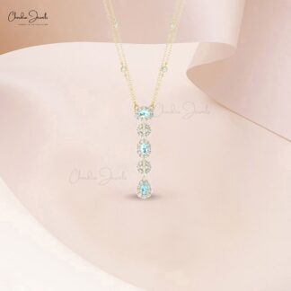 Natural Aquamarine Lariat Necklace With Halo Diamond 14k Solid Gold Dangle Chain Necklaces