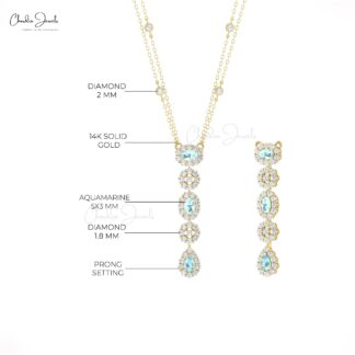 Natural Aquamarine Lariat Necklace With Halo Diamond 14k Solid Gold Dangle Chain Necklaces