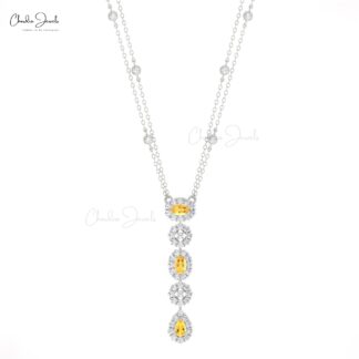 Real 14k Gold Dangle Chain Necklace With 0.63 Ct Citrine Halo Diamond Y Necklaces For Mom