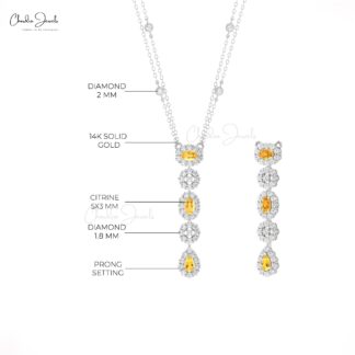 Real 14k Gold Dangle Chain Necklace With 0.63 Ct Citrine Halo Diamond Y Necklaces For Mom