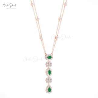 Y Drop Lariat Chain Necklace In Solid 14k Gold Emerald Halo Diamond Daughter Necklaces