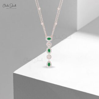 Y Drop Lariat Chain Necklace In Solid 14k Gold Emerald Halo Diamond Daughter Necklaces