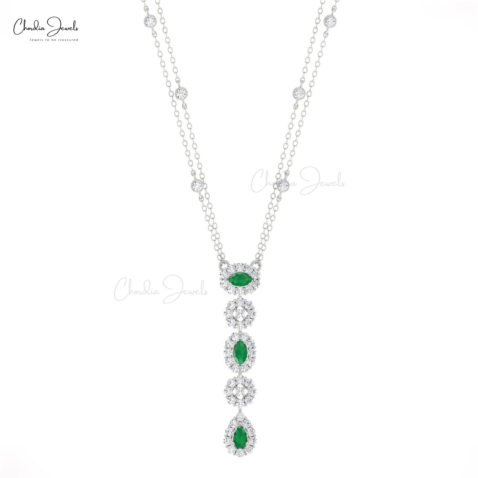 Y Drop Lariat Chain Necklace In Solid 14k Gold Emerald Halo Diamond Daughter Necklaces