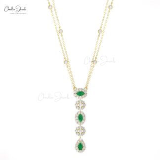 Y Drop Lariat Chain Necklace In Solid 14k Gold Emerald Halo Diamond Daughter Necklaces