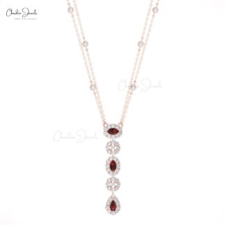 Genuine Red Garnet Y Drop Necklace In 14k Real Gold Diamond Halo Lariat Chain Necklaces