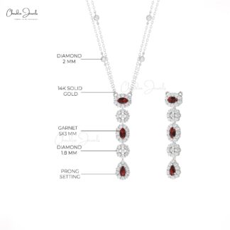 Genuine Red Garnet Y Drop Necklace In 14k Real Gold Diamond Halo Lariat Chain Necklaces