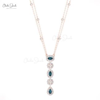 AAA London Blue Topaz Y Drop Necklace In Pure 14k Gold Halo Diamond Chain Jewelry For Her