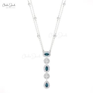 AAA London Blue Topaz Y Drop Necklace In Pure 14k Gold Halo Diamond Chain Jewelry For Her