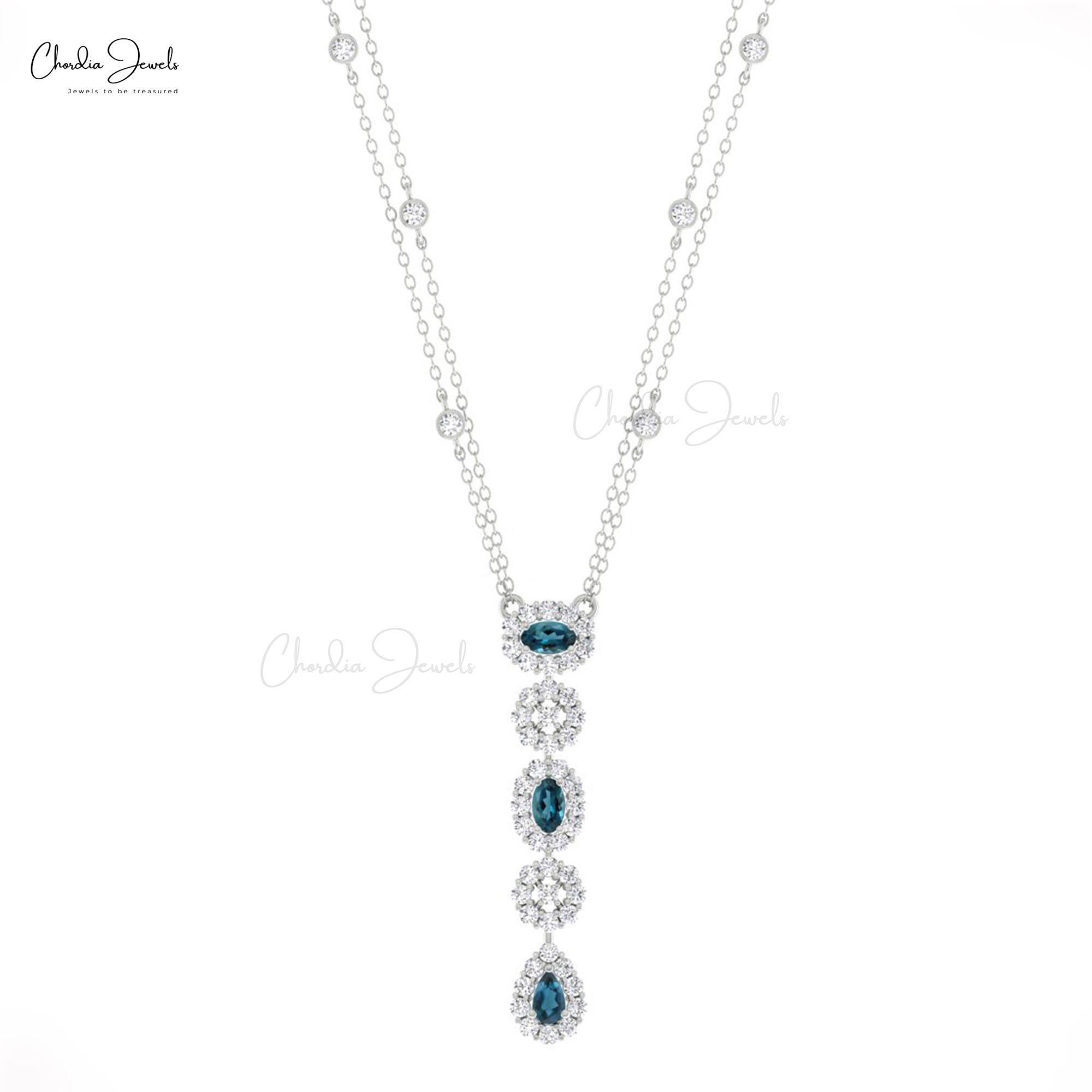 AAA London Blue Topaz Y Drop Necklace In Pure 14k Gold Halo Diamond Chain Jewelry For Her