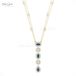 AAA London Blue Topaz Y Drop Necklace In Pure 14k Gold Halo Diamond Chain Jewelry For Her