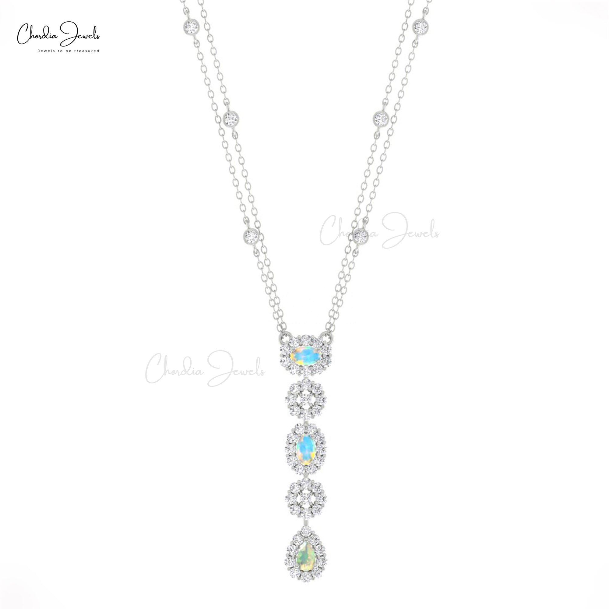 Triple Fire Opal Y Necklace With Halo Diamond Pave In 14k Pure Gold Hallmark Necklace