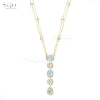 Triple Fire Opal Y Necklace With Halo Diamond Pave In 14k Pure Gold Hallmark Necklace