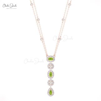 Lariat Y Drop Wedding Necklace In Solid 14k Gold Peridot G-H Diamond Dangle Necklaces