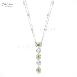 Lariat Y Drop Wedding Necklace In Solid 14k Gold Peridot G-H Diamond Dangle Necklaces