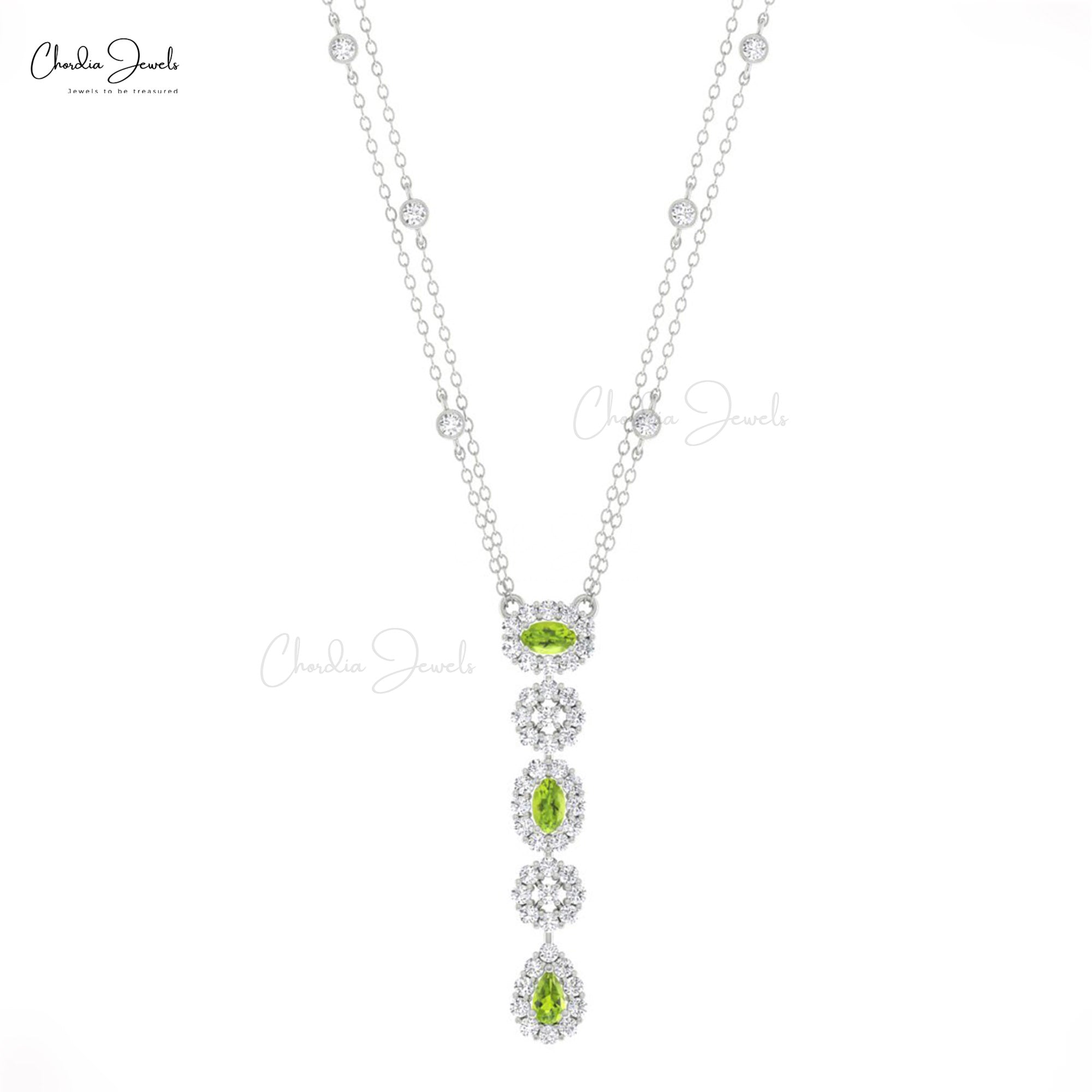 Lariat Y Drop Wedding Necklace In Solid 14k Gold Peridot G-H Diamond Dangle Necklaces