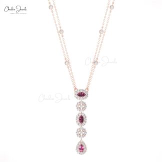 Halo Diamond Y Necklace With 0.63 Ct Rhodolite Garnet 14k Solid Gold Dangle Chain Necklace