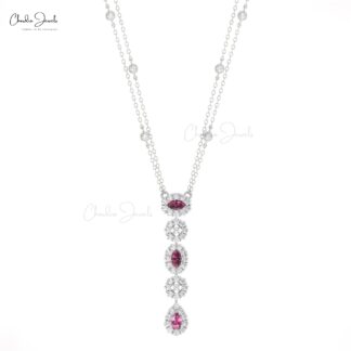 Halo Diamond Y Necklace With 0.63 Ct Rhodolite Garnet 14k Solid Gold Dangle Chain Necklace