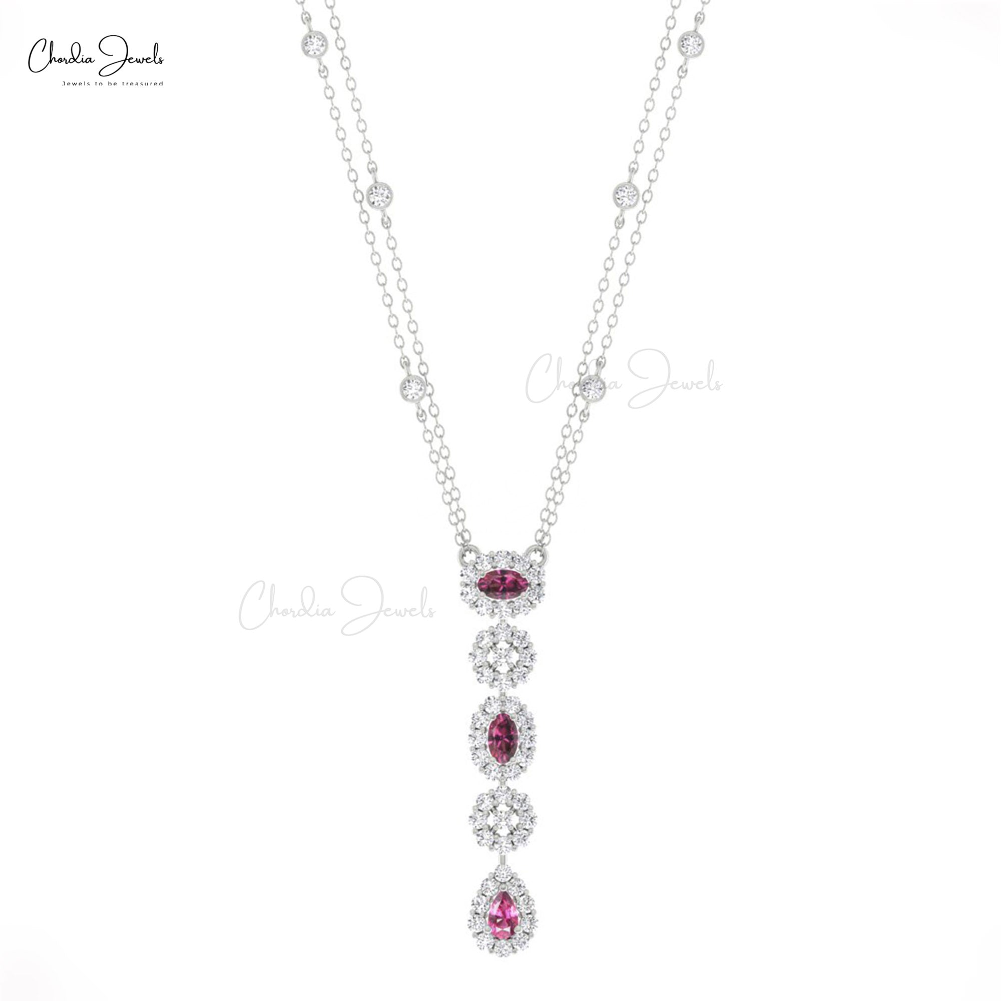 Halo Diamond Y Necklace With 0.63 Ct Rhodolite Garnet 14k Solid Gold Dangle Chain Necklace