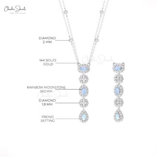 Cluster Diamond Chain Necklace In Real 14k Gold Rainbow Moonstone Dangle Y Necklaces