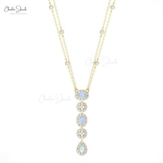 Cluster Diamond Chain Necklace In Real 14k Gold Rainbow Moonstone Dangle Y Necklaces