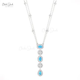 Gemstone Y Drop Necklace In 14k Solid Gold Swiss Blue Topaz Halo Diamond Chain Necklaces