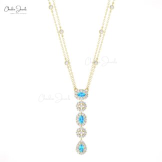 Gemstone Y Drop Necklace In 14k Solid Gold Swiss Blue Topaz Halo Diamond Chain Necklaces