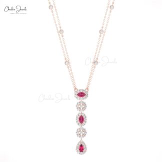 Dangling Y Drop Necklace With 0.63 Ct Pink Tourmaline Diamond Chain Necklace In 14k Gold