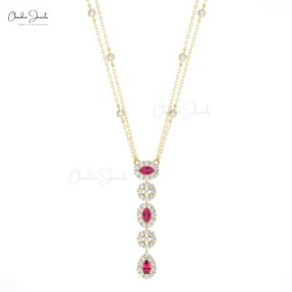 Dangling Y Drop Necklace With 0.63 Ct Pink Tourmaline Diamond Chain Necklace In 14k Gold