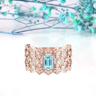 Octagon Statement Ring With 6x4mm Aquamarine And Diamond 14k Solid Gold Cluster Rings