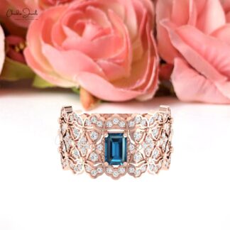 Solid 14k Gold Cocktail Ring With 0.6 Ct London Blue Topaz And Pave Diamond Cluster Ring