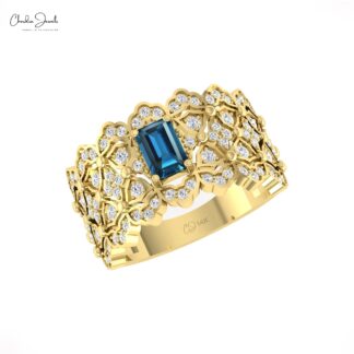 Solid 14k Gold Cocktail Ring With 0.6 Ct London Blue Topaz And Pave Diamond Cluster Ring
