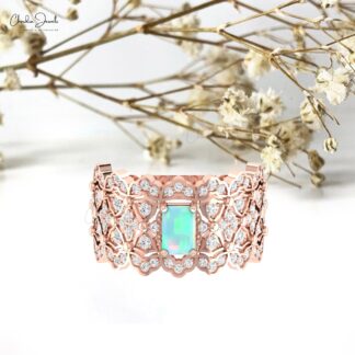 Delicate Cluster Diamond Ring With 6x4mm Fire Opal Prong Set In 14k Real Gold Bridal Rings