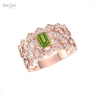 AAA Peridot Cocktail Wedding Ring In 14k Solid Gold Cluster Diamond Hallmarked Jewelry