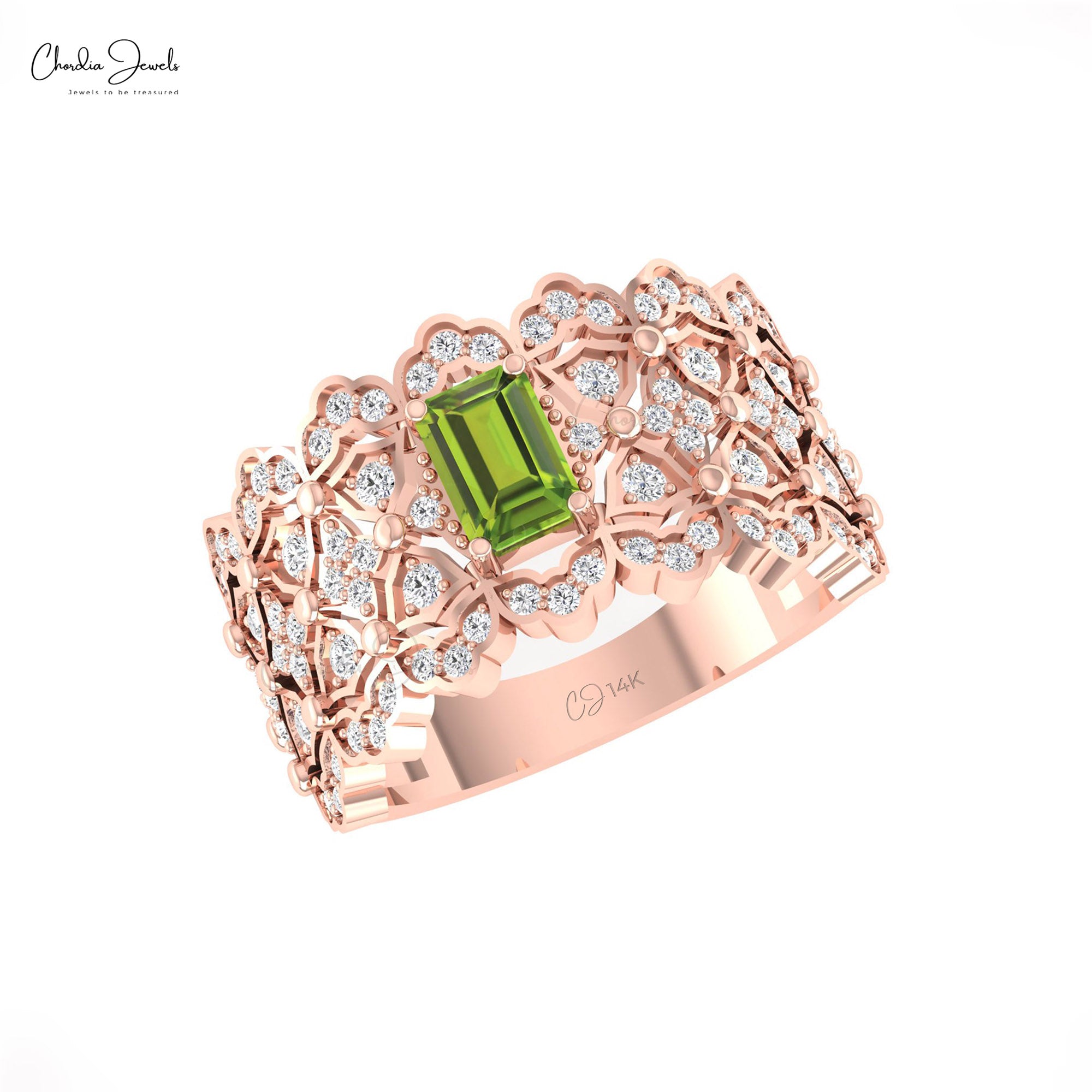 AAA Peridot Cocktail Wedding Ring In 14k Solid Gold Cluster Diamond Hallmarked Jewelry