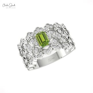 AAA Peridot Cocktail Wedding Ring In 14k Solid Gold Cluster Diamond Hallmarked Jewelry