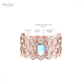 Statement Cocktail Ring With 0.6 Ct Rainbow Moonstone And Diamond Ring In 14k Solid Gold