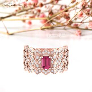 Diamond Cluster Wedding Ring In Real 14k Gold Pink Tourmaline Octagon Cut Cocktail Rings