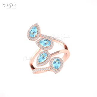 Natural Pear Aquamarine Cocktail Halo Ring In Pure 14k Gold Pave Diamond Statement Rings
