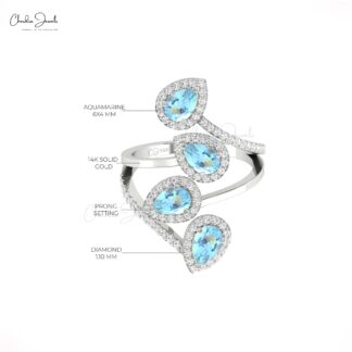 Natural Pear Aquamarine Cocktail Halo Ring In Pure 14k Gold Pave Diamond Statement Rings