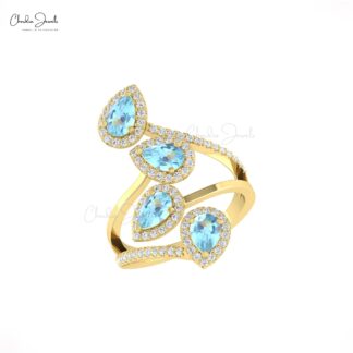 Natural Pear Aquamarine Cocktail Halo Ring In Pure 14k Gold Pave Diamond Statement Rings