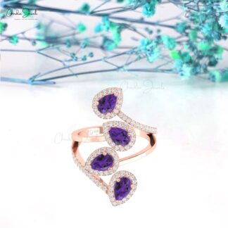 Delicate Cocktail Leaf Ring with 1.5 Ct Amethyst Diamond Halo Anniversary Ring In 14k Gold