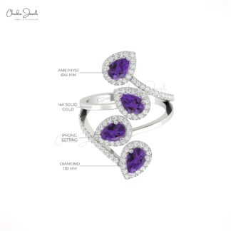 Delicate Cocktail Leaf Ring with 1.5 Ct Amethyst Diamond Halo Anniversary Ring In 14k Gold
